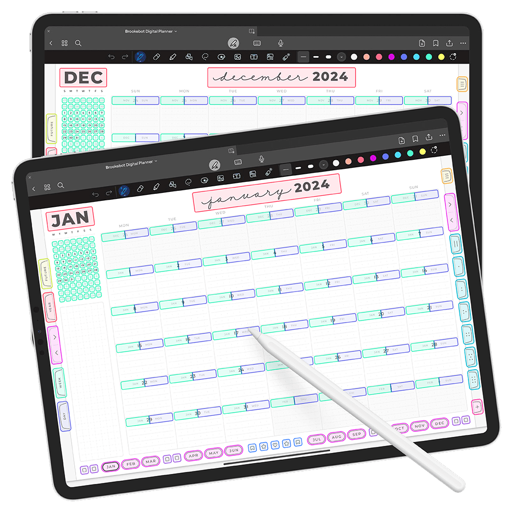 Jan 2024 Dec 2024 Monthly Calendar Weekly Daily Digital Planner iPad Goodnotes Calendar
